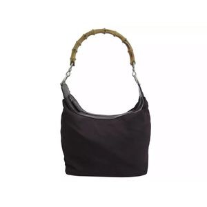 Auth Gucci Bamboo Shoulder Bag Dark Purple/Silvertone Nylon/Leather